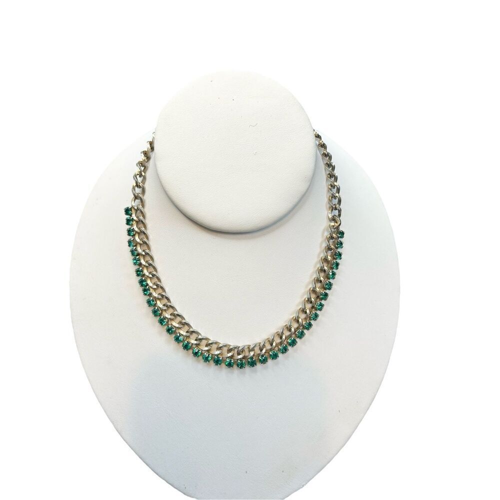 Vintage Silver Toned Chain Link Necklace With Green Zirconia Rhinestone Accents